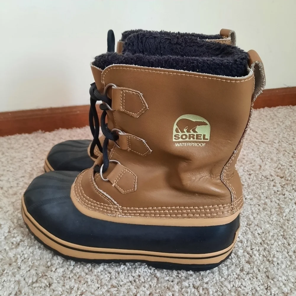 Sorel Tan Leather Waterproof Winter Snow Boots With Liners NY1443-259 Size 5